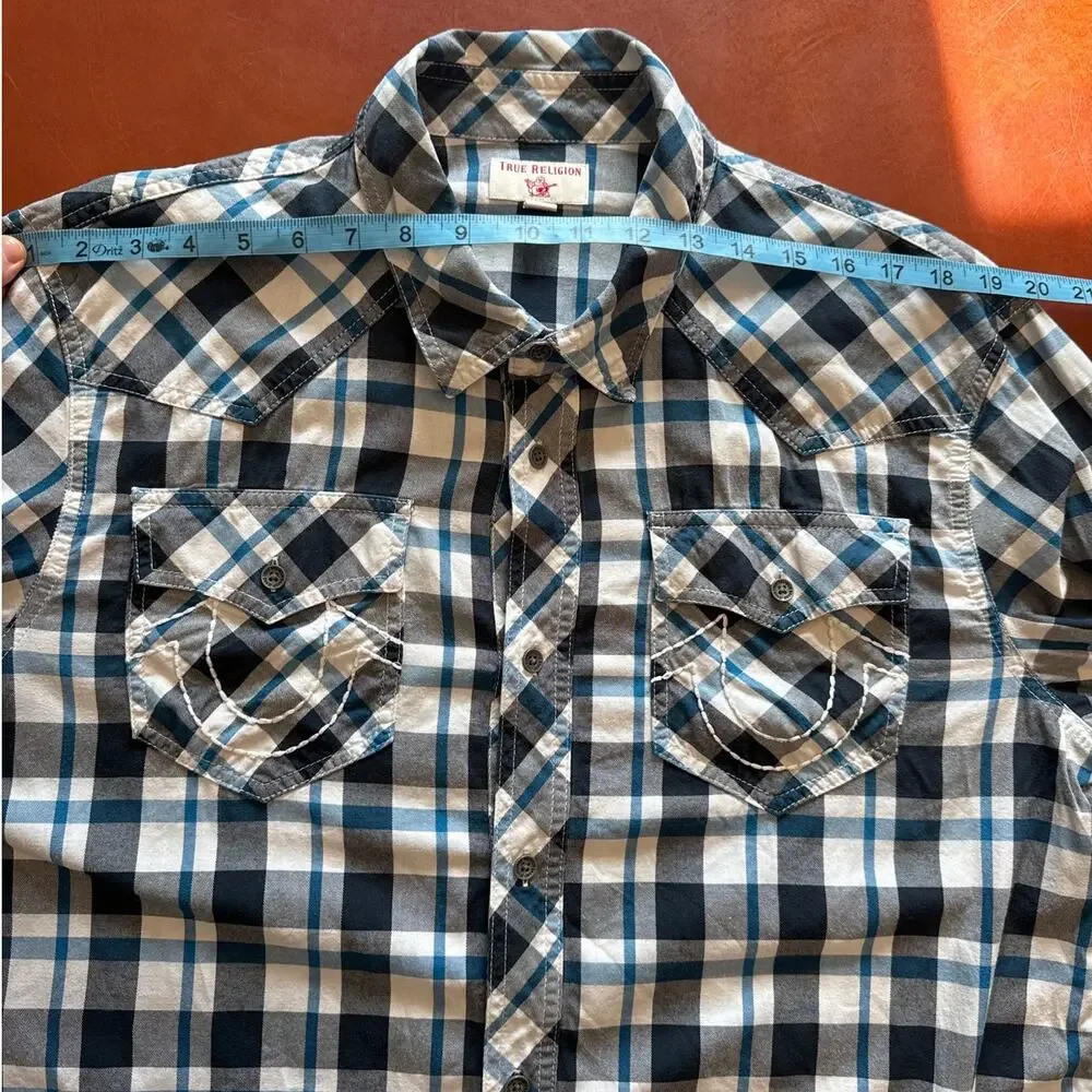 True Religion Long Sleeve Western Button Up Shirt Blue Checked Mens Large
